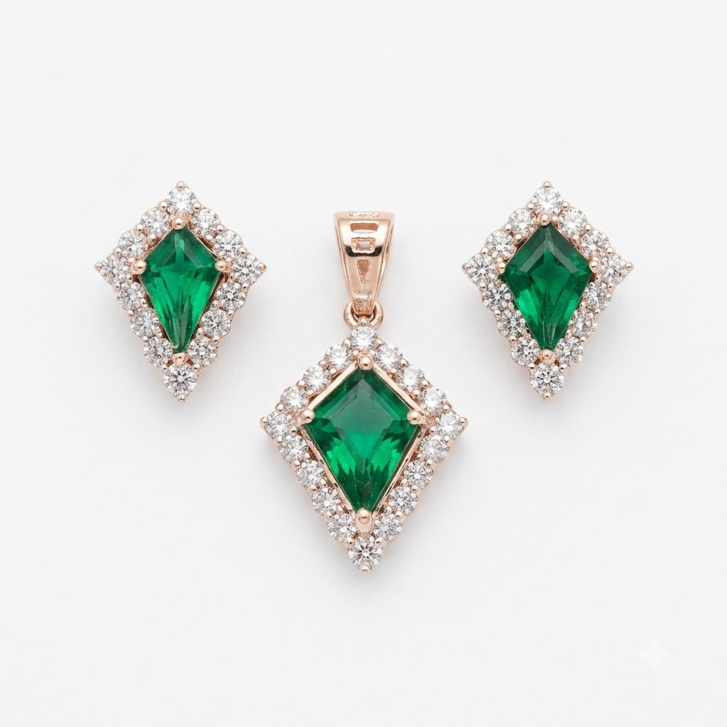 Emerald Diamond Pentagonal Pendant Set