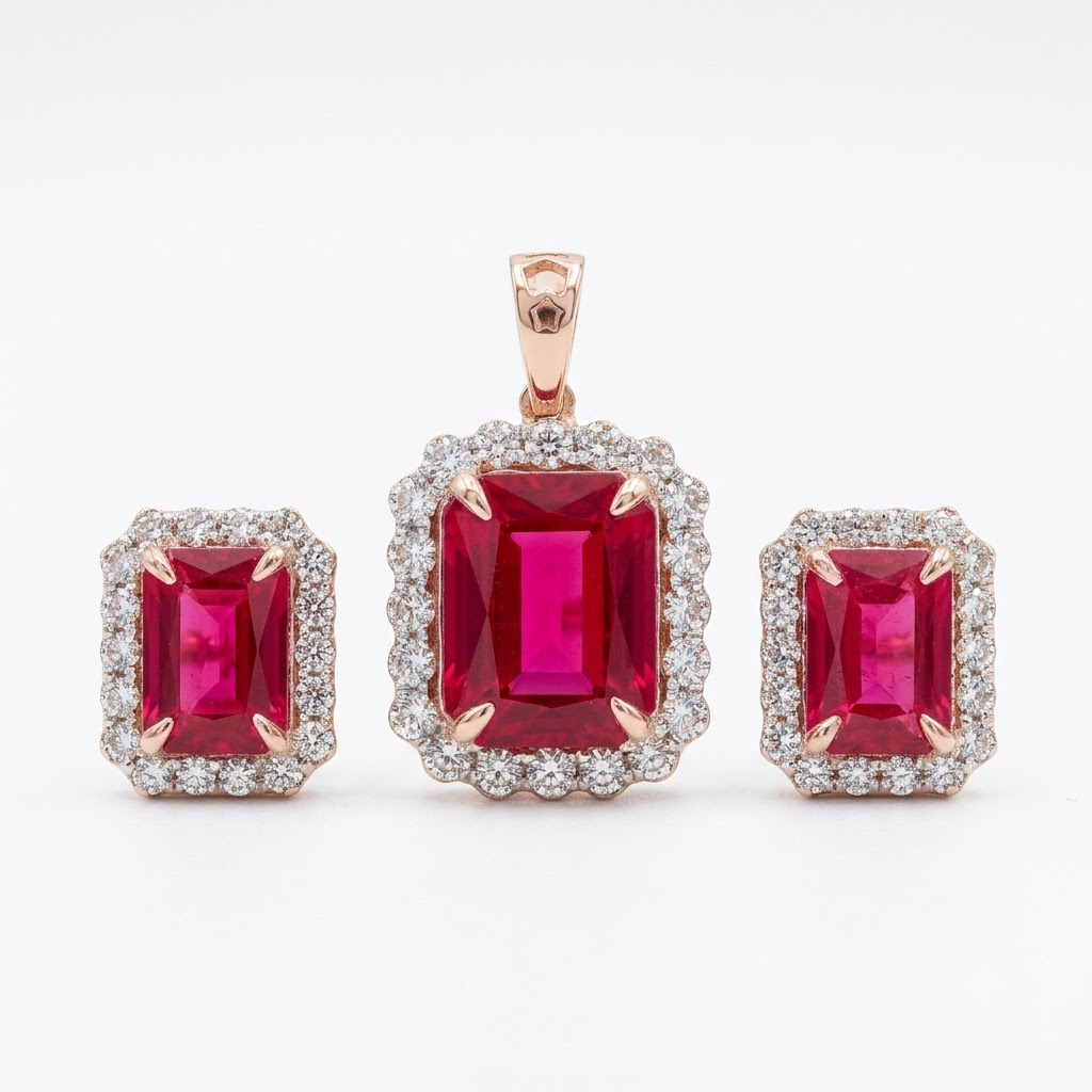 Radiant Ruby and Diamond Pendant Set